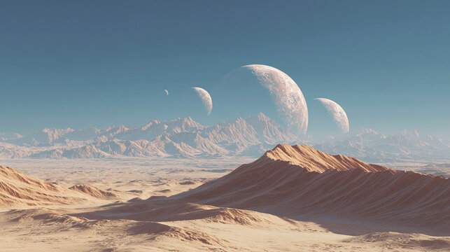 A surreal landscape with multiple moons and mountainous terrain, offering a glimpse into an otherworldly panorama