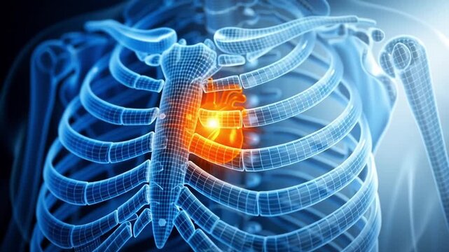 Rib cage human skeleton chest pain medical illustration heartburn x ray style 3d render anatomy healthcare torso ribs sternum organ inflammation glowing blue digital art ai medical scan diagnostic