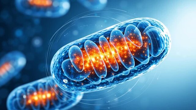 Ai medical scan diagnostic hud mitochondrion cell biology glowing organelle abstract science energy power conceptual technology design health research futuristic visualization vibrant detailed 3d