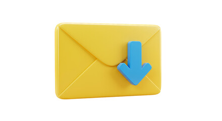 Receive New Email Message Icon. 3D Yellow Envelope with Blue Down Arrow for Digital Inbox Notification and Online Communication, Isolated on White Background, PNG