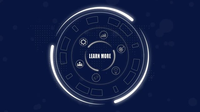 Learn more button with on dark blue background neon circle business