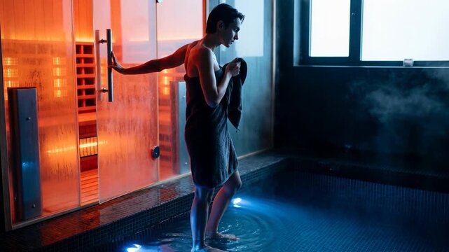 Hot and cold treatment in wellness spa. Woman alternating Sauna and cold plunge ice bath in a serene and relaxing atmosphere. Video made using Generative AI.