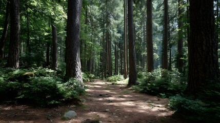 A serene forest path illuminated by d d sunlight filtering through tall evergreen trees invites explo n into the peaceful wilderness
