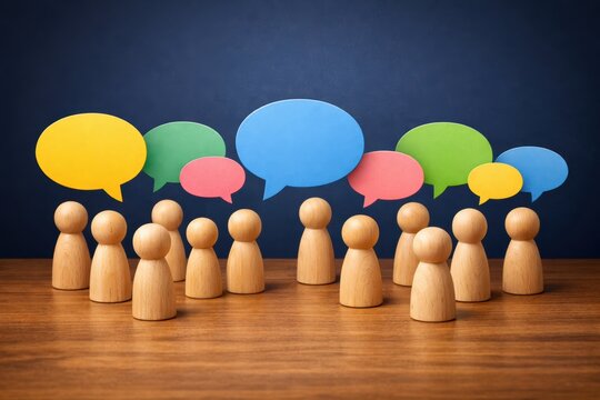 Dialogue Dynamics: An assembly of wooden figurines converse, each voice represented by a colorful speech bubble, illuminating the diverse spectrum of thoughts and ideas.