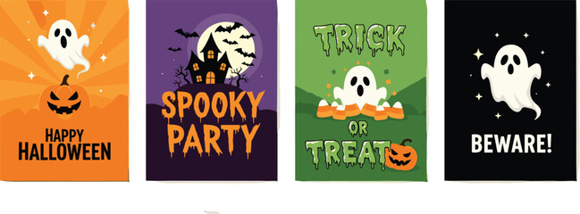 Fototapeta premium Four Halloween-themed banners with spooky and festive designs displayed together on a transparent background, showcasing holiday-themed graphics and typography