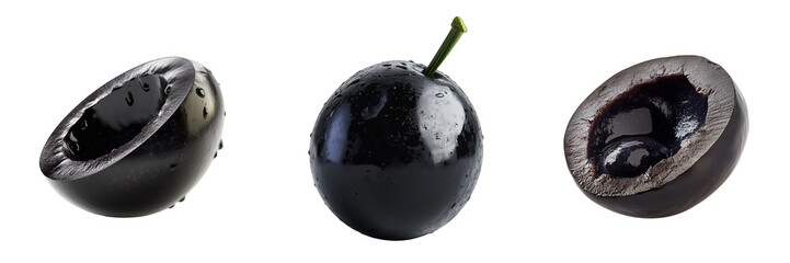 Three Black Olives One Whole Two Halved isolated on a transparent background