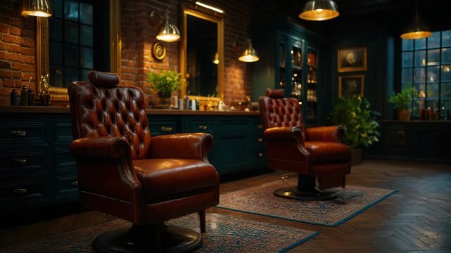 Luxury barbershop with vintage leather chairs and elegant decor