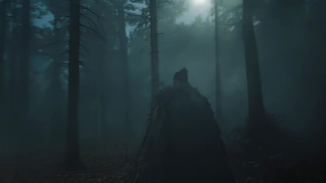Mysterious figure emerges in a dark forest at dusk from a low viewpoint, captured in a video.