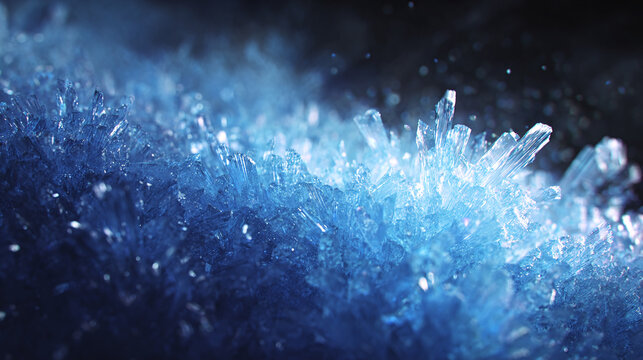 A close-up view of a formation of ice crystals, showcasing their intricate and dazzling structures. The image captures the natural beauty and complexity of these frozen wonders