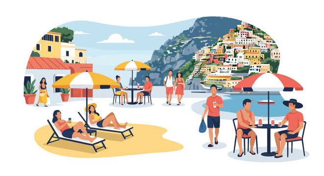 People enjoying leisure time at a scenic coastal town with colorful buildings