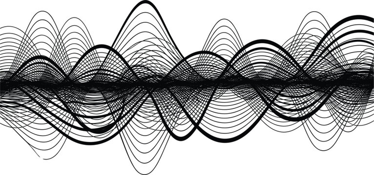 Overlapping sine wave pattern with varied amplitude and frequency, symmetrical waveform design for physics, math or signal art