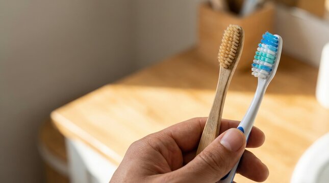 Person Holding Bamboo Toothbrush and Plastic Toothbrush for Eco-Friendly Product Comparison