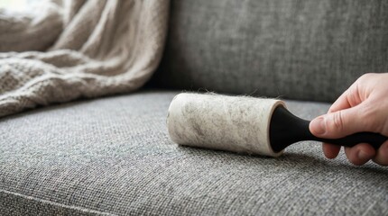 Hand Using Lint Roller on Sofa Fabric to Remove Pet Hair and Keep Clean