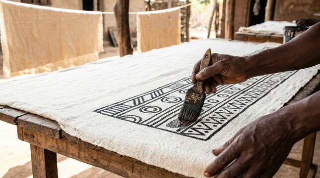 Traditional Bogolanfini Fabric Design Process with Paintbrush on Mud Cloth in Black and White