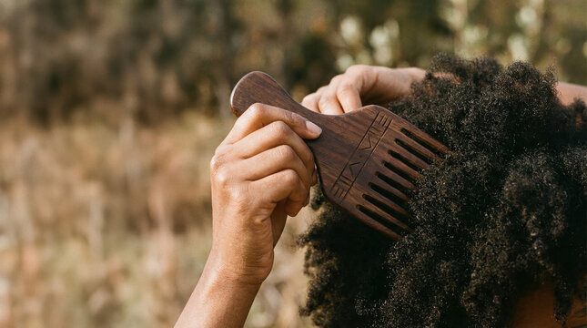 Woman Holding Traditional Wooden Comb in Natural Hair Signifying Cultural Identity and Pride