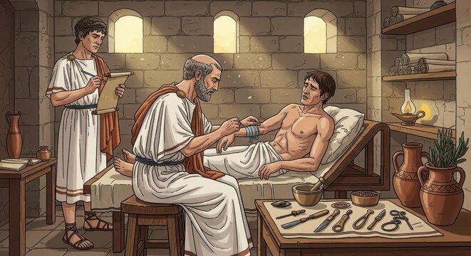 Ancient medical practitioners attend to a patient within a stone-walled infirmary setting