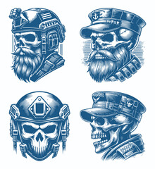 Vintage Hand Drawn Soldier and Captain Skull Vector Set with Tactical Helmets