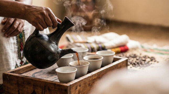 Traditional Ethiopian Coffee Ceremony with Jebena Pot and Ceramic Cups Steaming Hot Beverage
