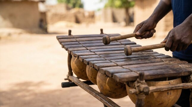Hands Striking Wooden Balafon with Mallets Focused on Keys and Gourd Resonators in West African Music