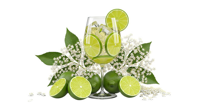Refreshing lime and elderflower cocktail with ice