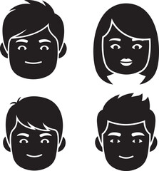 Collection of diverse cartoon faces showcasing various hairstyles and expressions in a simple illustration style