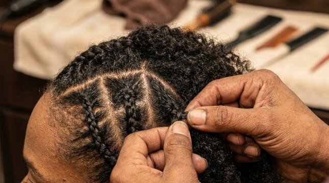 Intricate Braiding Technique in Black Hair at a Professional Salon with Skilled Hands
