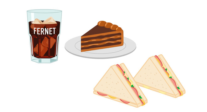 Delicious sandwiches, cake, and refreshing Fernet drink on a plate