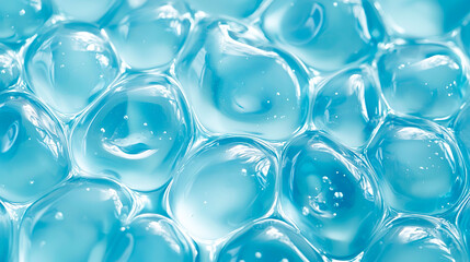 密着するぷるんとした質感のたくさんの水色のジェル状の物質のクローズアップ