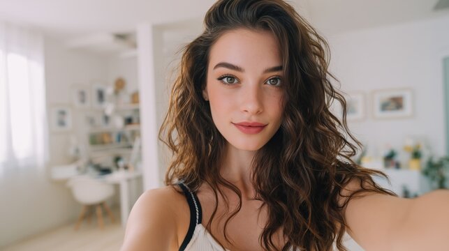 Young beautiful woman taking a selfie or recording a video blog in a bright living room.