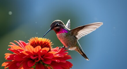 Hummingbird hovers above a vibrant red flower, capturing nectar with its long beak