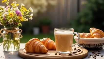 Delicious breakfast setup with croissants and coffee outdoors on a sunny morning with flowers