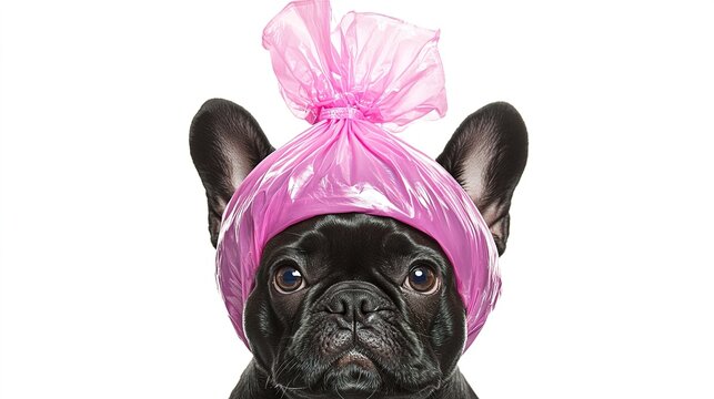 Black French Bulldog Wearing Pink Shower Cap Against Isolated White Background