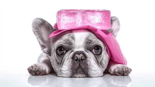 Black French Bulldog Wearing Pink Shower Cap Against Isolated White Background