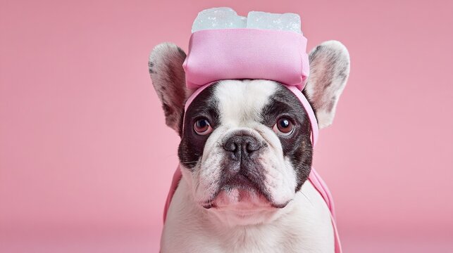 Black French Bulldog Wearing Pink Shower Cap Against Isolated White Background