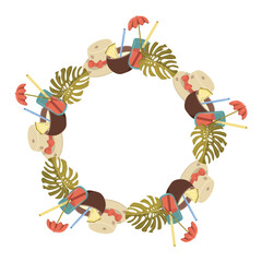 Obraz premium Vector postcard with palm leaves and cocktails. Cute tourism and vacation concept with space for text.