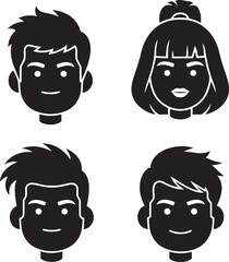 Four diverse cartoon faces with different hairstyles and facial expressions displayed in a grid on a white background viewed from a straight-on perspective