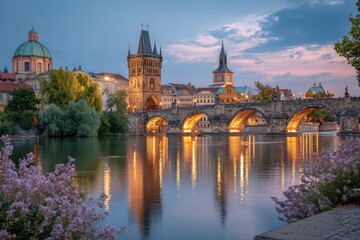 Fototapeta premium Stunning View of Charles Bridge at Dusk with Reflections in Vltava River Surrounded by Beautiful Historic Architecture and Colorful Sky in Prague