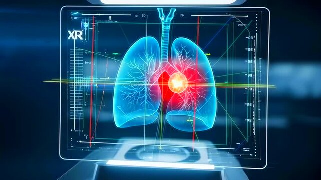 Holographic representation of respiratory condition analysis, Advanced holographic display illustrating lung abnormalities with airflow and imaging overlays in medical environment