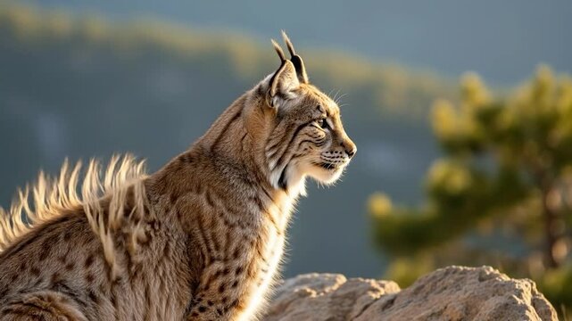 Bobcat Sitting on Rocks in Mountains.