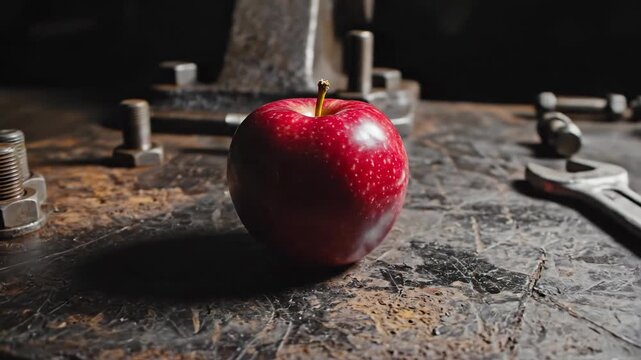 Sweeping high angle aerial shot panning slowly over a single perfectly round red apple sitting prominently on a distressed dark industrial metal workbench clean apple, metalic, industrial texture