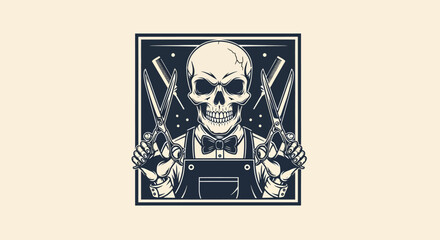 Skeleton Barber Holding Scissors and Comb Ready to Cut Hair.