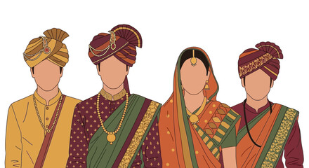 Fototapeta premium Traditional indian couple and friends in ethnic wear smiling
