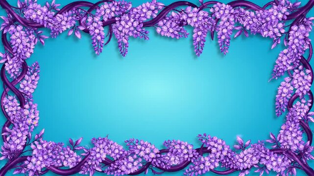 Stylized animation of purple wisteria vines rapidly growing and weaving together to form a seamless decorative floral border on a smooth cyan background vector style, motion graphics, vines