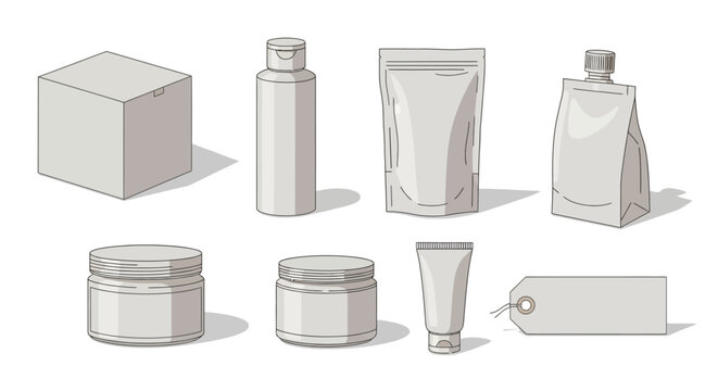 Cosmetic packaging products in various shapes and sizes shown