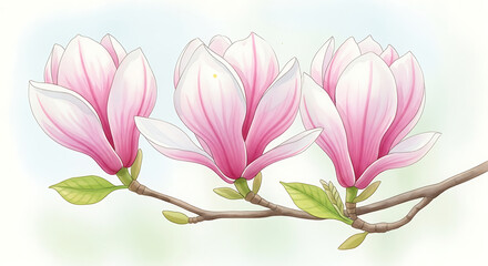 Fototapeta premium Beautiful pink magnolia flowers blooming on a branch with green leaves.