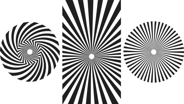 Three black and white radial patterns with spiral and linear designs, ideal for optical illusion and perception studies