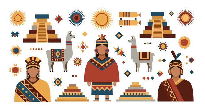 Traditional inca people and cultural symbols illustration
