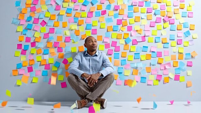Man Overwhelmed by Colorful Postit Notes.