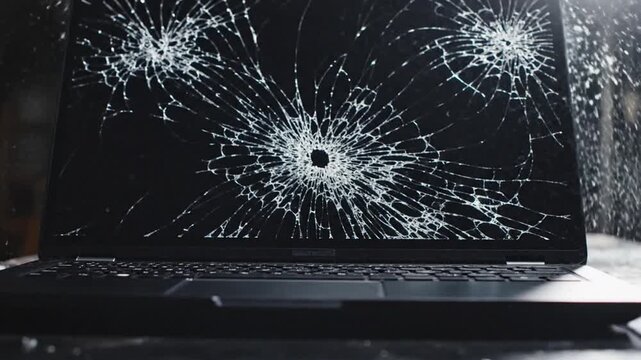 Cinematic close up of a shattered black liquid crystal display on a modern portable notebook computer showing extensive damage and cracked glass fragments on the electronic screen surface