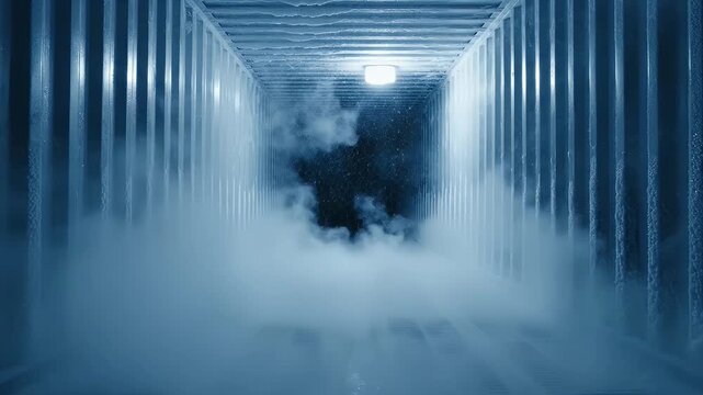 Interior of a refrigerated truck container with cold mist